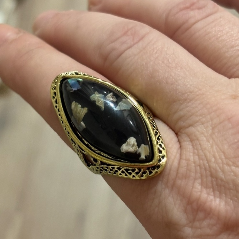 Black Fossil Gemstone Ring – Gold Plated Vintage Boho Statement Jewelry